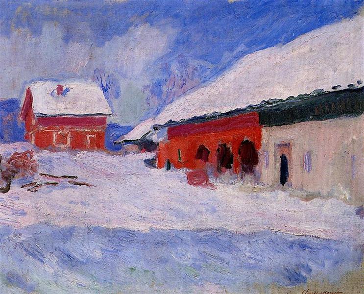 Maisons rouges à Bjornegaard dans la neige - Norvège - 1895