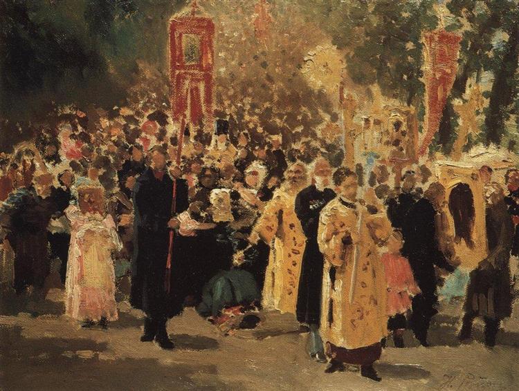 Religious procession in an oak forest. Icon appearance - 1878