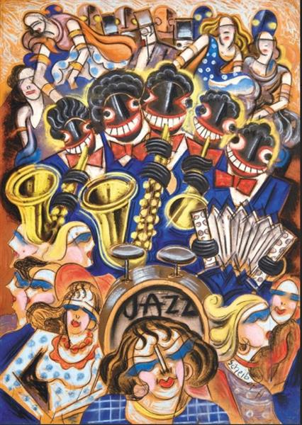 Banda De Jazz - 1940 - Gouache - Pasztell - Pareja - 70X50Cm