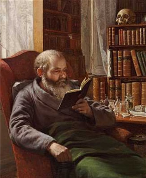 Portrait of the adopted father of the artist, professor and zoologist Henrik Nicolai Krøyer, sitting in a red armchair. He is reading in a book - 1872