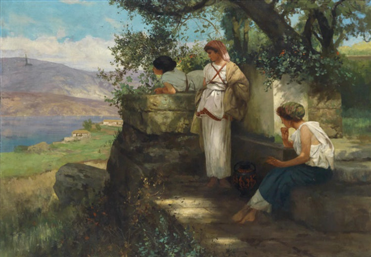 Young women about the river landscape