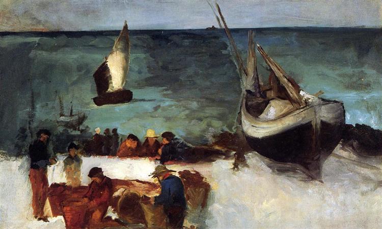 Paisaje Marino En Berck - Barcos De Pesca Y Pescadores - 1873