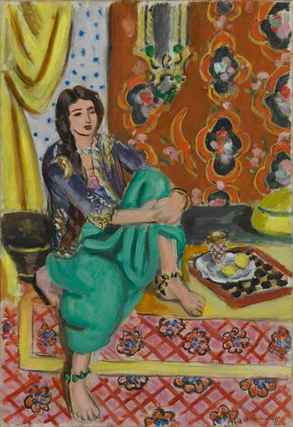 Odalisque assise avec le genou gauche plié, fond ornemental et échiquier 1924 