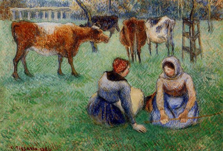 Camponeses sentados olhando vacas - 1886