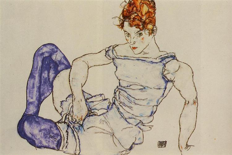 Woman sitting with violet stockings - 1917