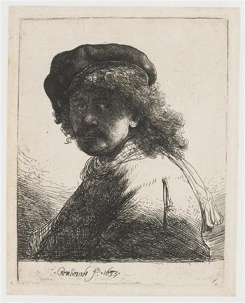 Self-portrait with cap and scarf and dark bust face - 1633