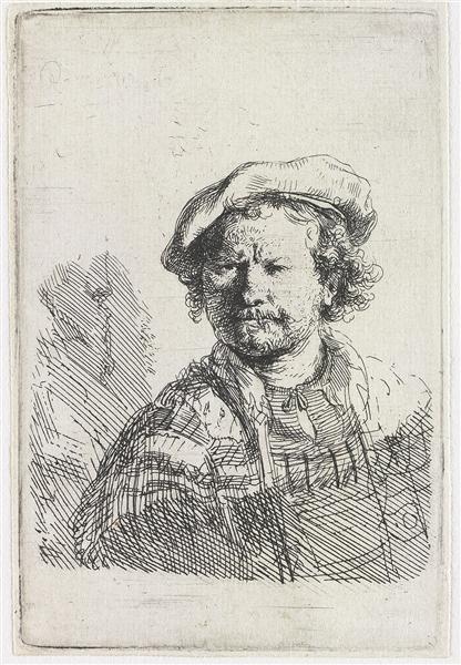 Self -Portrait mit flacher Kappe und Stickkleid - 1642