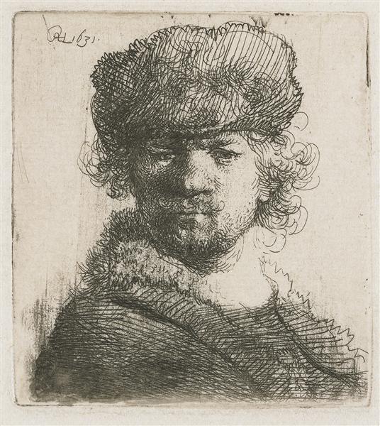 Self -portrait with a heavy skin hat bust - 1631