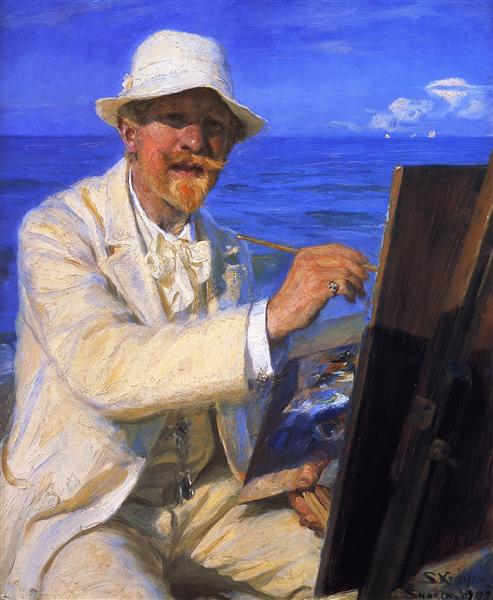 Self -portrait: sitting next to your easel on the beach of Skagen - 1902