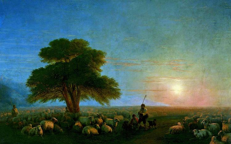 Shepherds with a flock of sheep