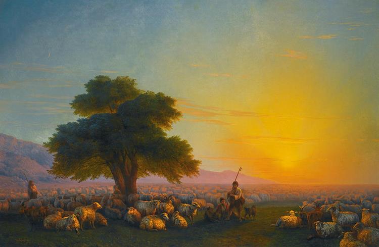 Shepherds with their flock at sunset