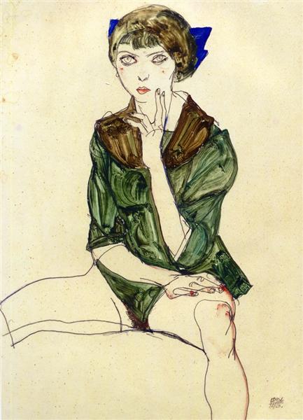 Woman sitting with a green blouse - 1913