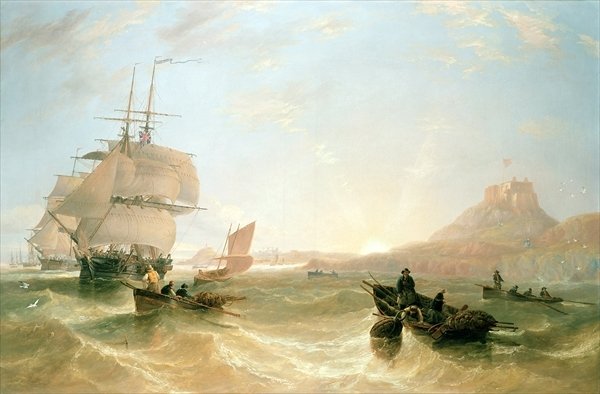 Squadron of frigates and fishing vessels in an agitated sea in front of the sacred island