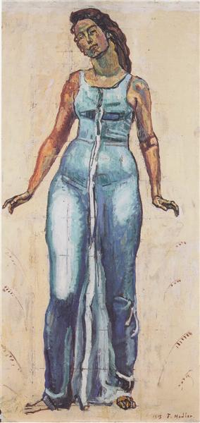 Figura Femenina De Pie Con Un Vestido Azul - 1915