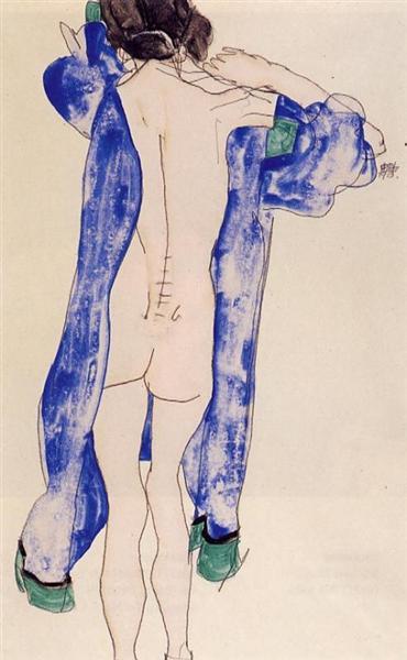 Female nude standing with a blue robe - 1913