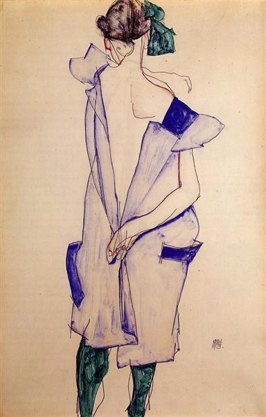 Stand Girl avec robe bleue et moyennes vertes - Vue arrière - 1913