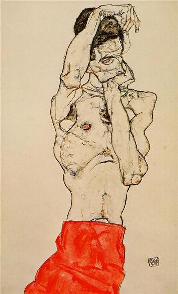 In piedi maschile nudo con copertura rossa - 1914