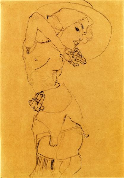 Desnuda De Pie Con Sombrero Grande (Gertrude Schiele) - 1910