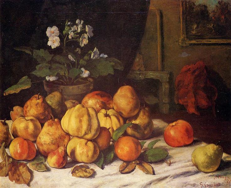 Apple Bodegón - Pærer og blomster på et bord - Santa Pelagia - 1871