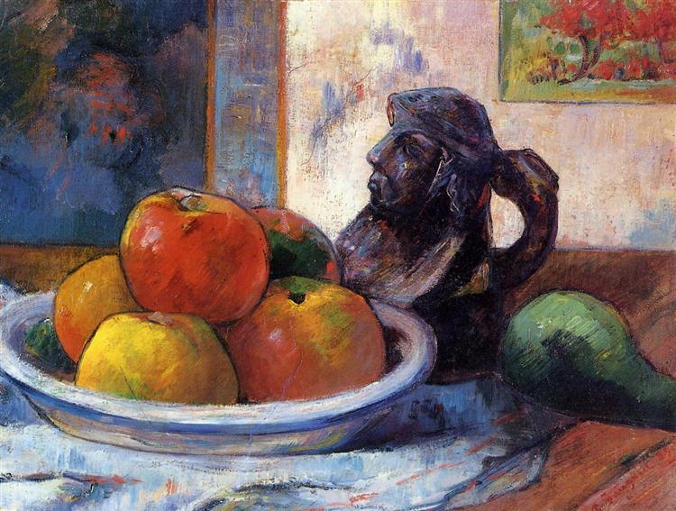 Bodegón with apples: a pear and a ceramic jug with portrait - 1889