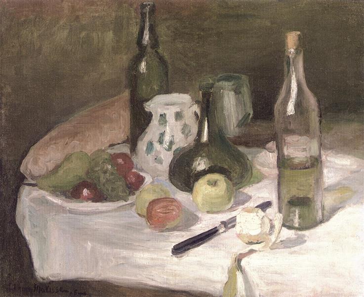 Sollevamento della natura con frutta e bottiglie 1896