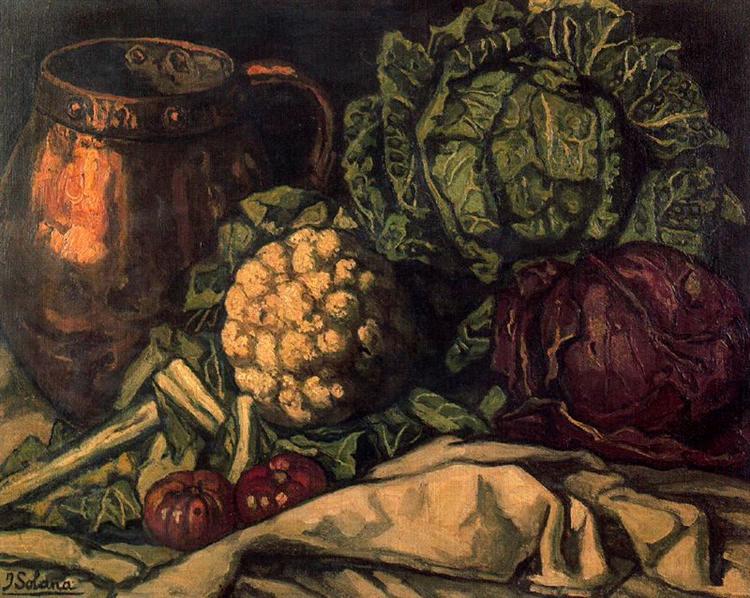 Bodegón with red cabbage - copper - cauliflower and cabbage - 1921