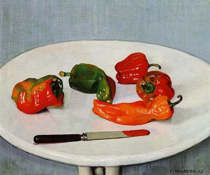 Bodegón with red peppers on a blank lacquered table - 1915