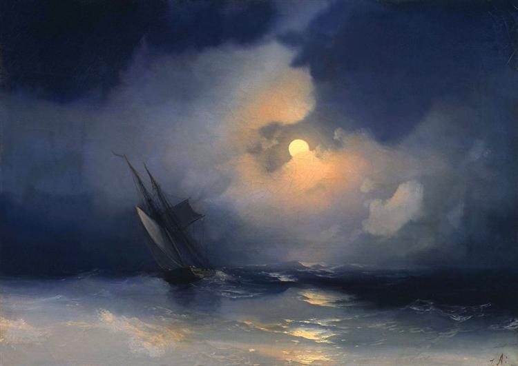 Storm in the sea on a night illuminated by the moon