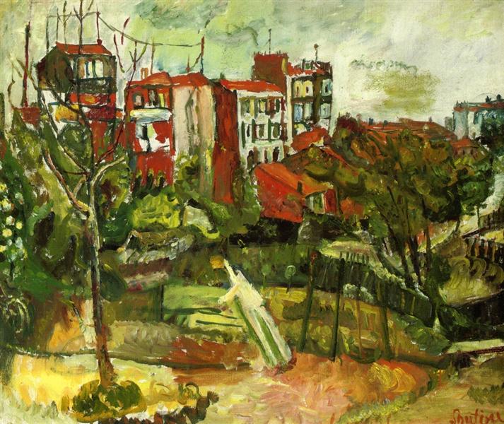 Paysage de banlieue avec maisons rouges - 1917