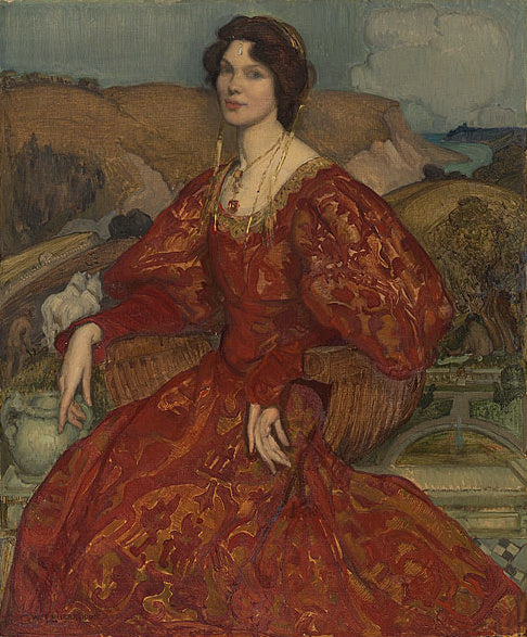 Sybil Waller with a red and gold dress - 1905