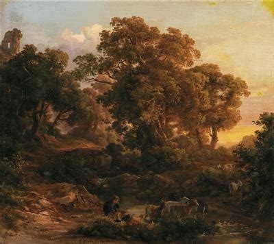 A shepherd with his cattle in a wooded landscape.