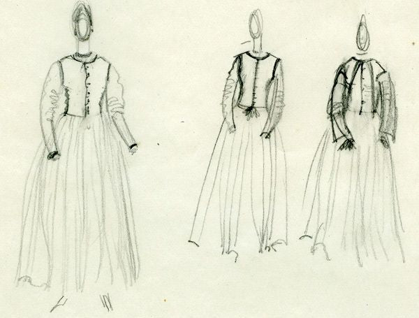 Die Künstlerin mit einem Kleid ihres eigenen Designs: Drei Skizzen - 1922