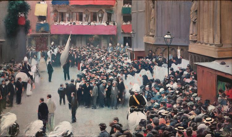 La procession du Corpus Christi quittant l'église de Santa María del mars - 1898