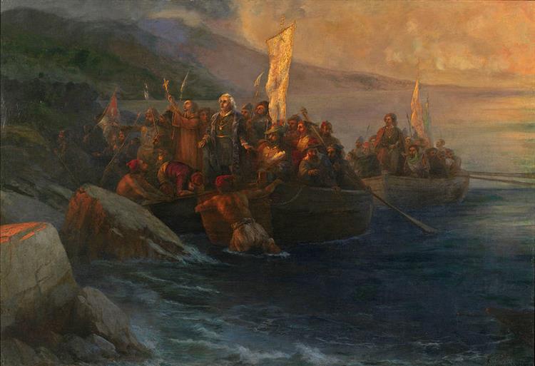 Cristóbal Colón's landing with his companions in three boats