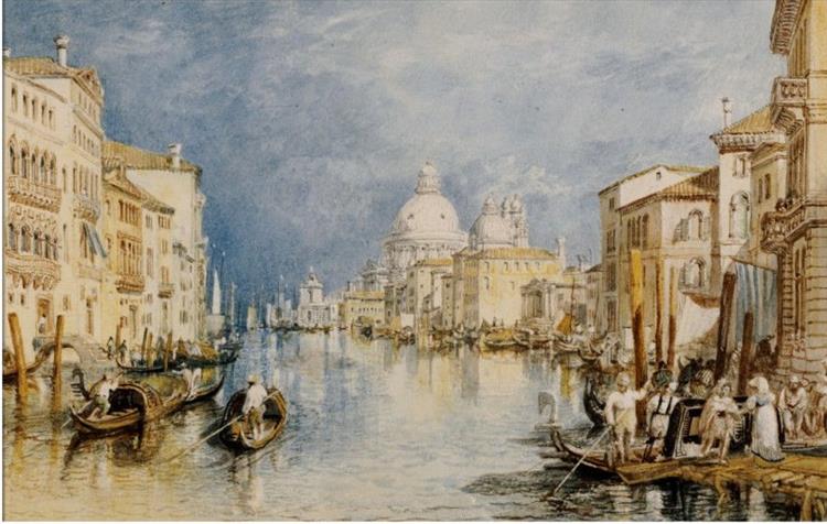 Der große Kanal - Venedig - mit Gondeln und Figuren im Vordergrund