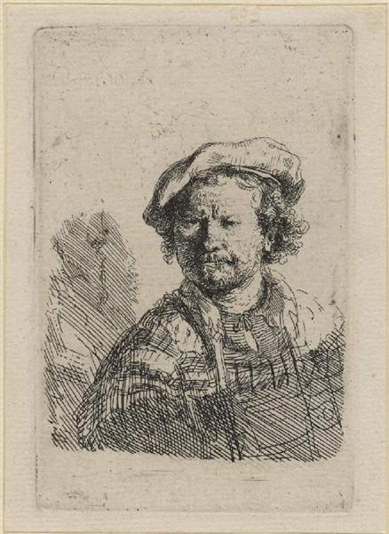 Self -Portrait mit flacher Kappe und Stickkleid - 1642