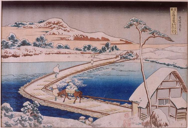 Pontones de Sano Bridge i provinsen Kozuka - 1834