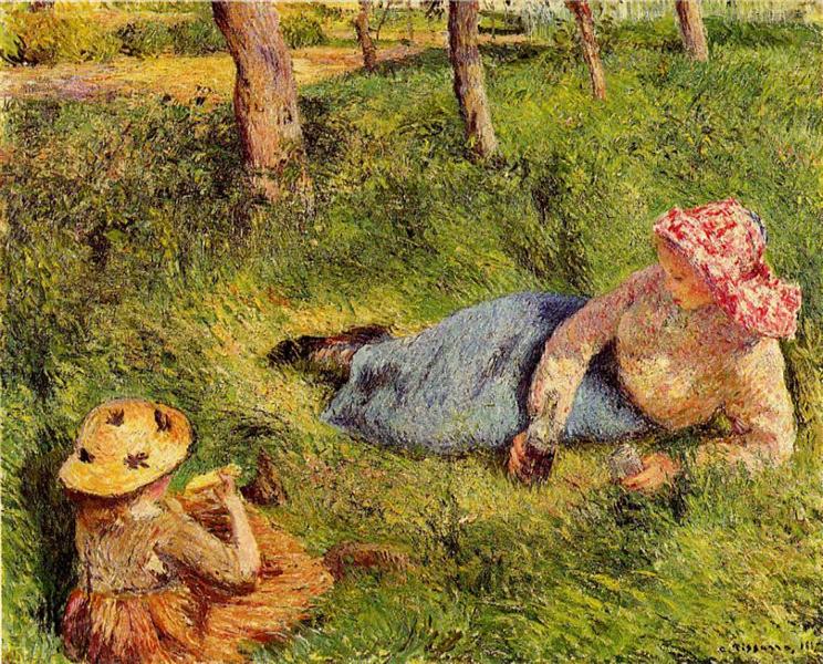 La collation - enfant et jeune paysan au repos - 1882