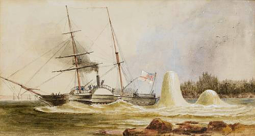 O navio de reconhecimento do HMS Merlin escapou por Little da destruição por duas minas russas em frente a Sveaborg no início de agosto - 1855