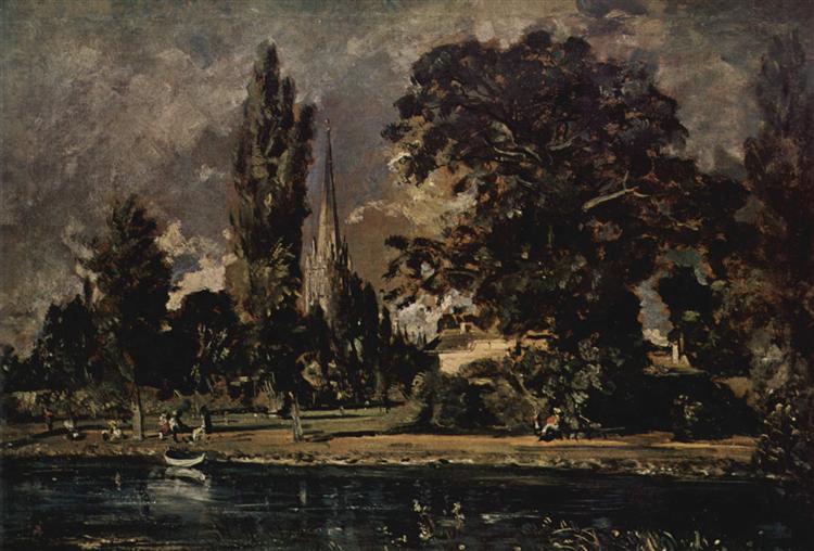 La vue de la cathédrale de Salisbury depuis la rivière - avec la maison de l'archidiaque Fischer - 1820