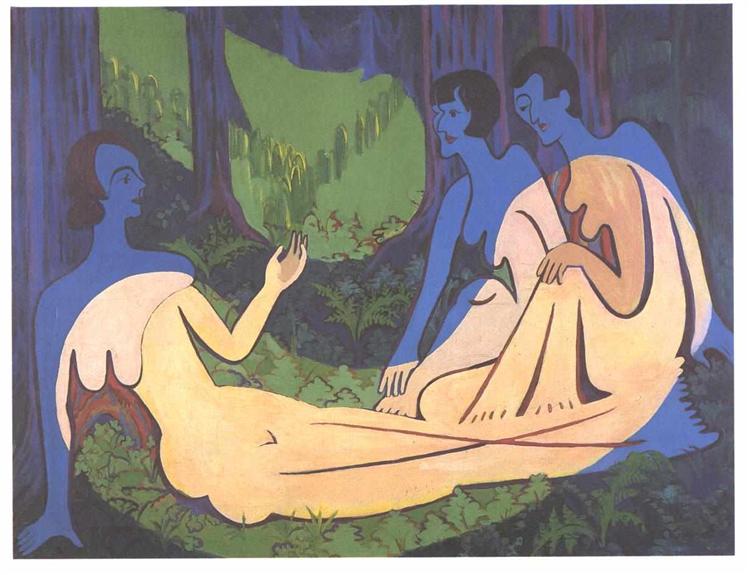 Three nudes in the forest