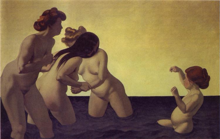 Three women and a girl playing in the water - 1907