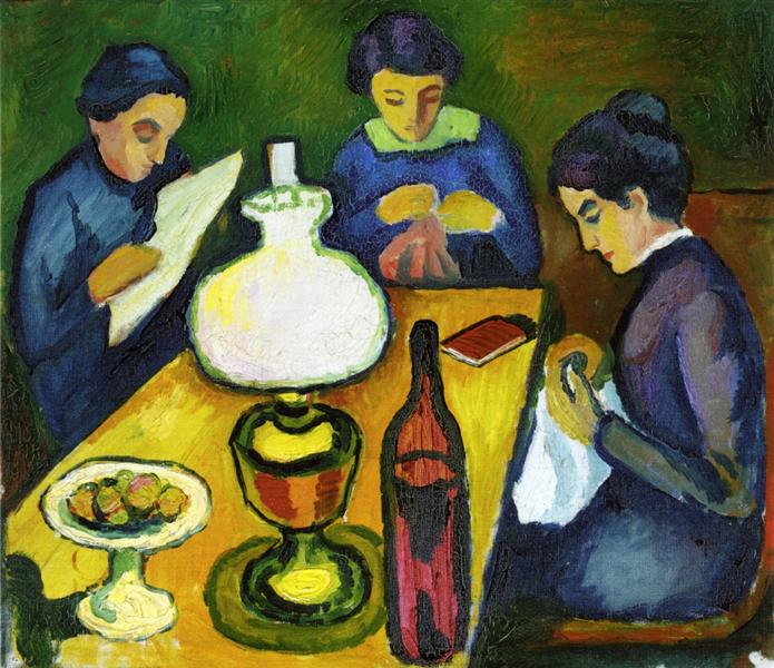 Three women on the table next to the lamp - 1912