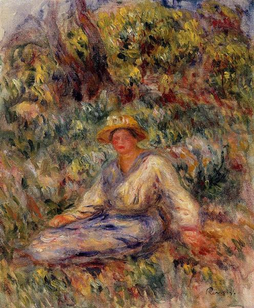 Frau in einer Landschaft in blau gekleidet - 1916