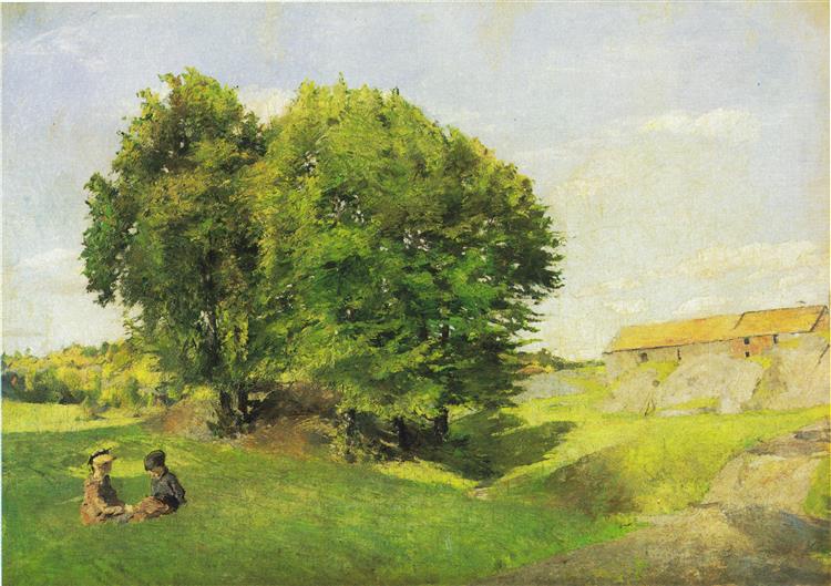 Deux enfants et un groupe d'arbres - 1885