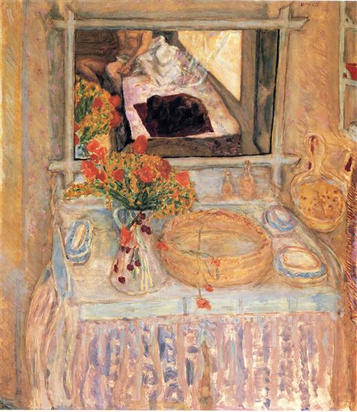 Toilet avec bouquet rouge et jaune - 1913