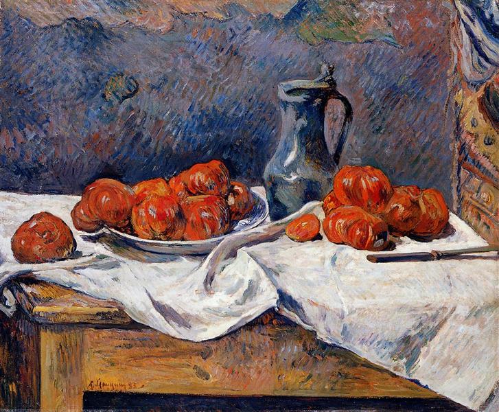 Tomaten en een schil op een tafel - 1883