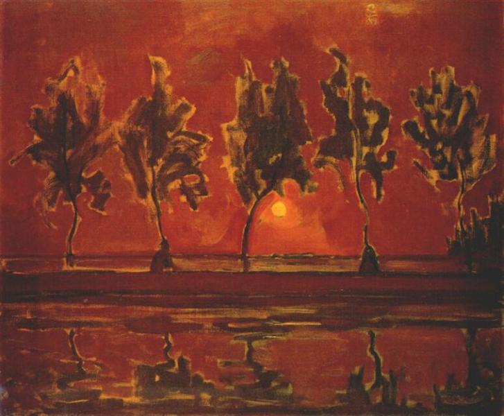 Alberi accanto al gein quando esce la luna - 1908