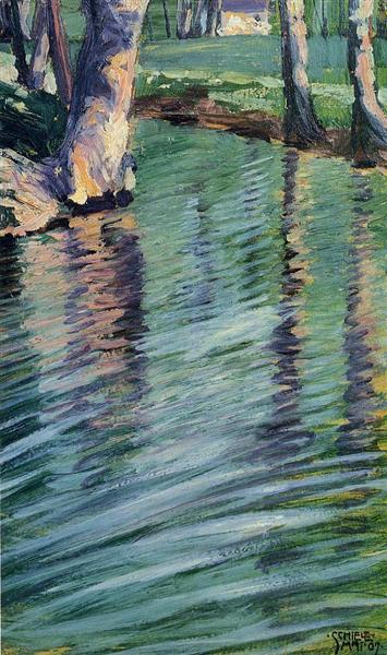 Bäume reflektieren in einem Teich - 1907