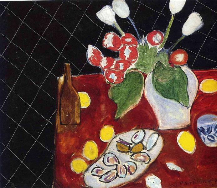 Tulips and oysters on a black background 1943 